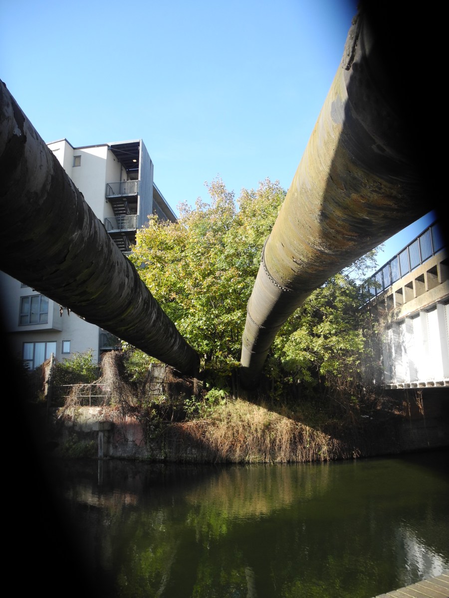 Overhead pipes on the way to Bow, Hackney Wick